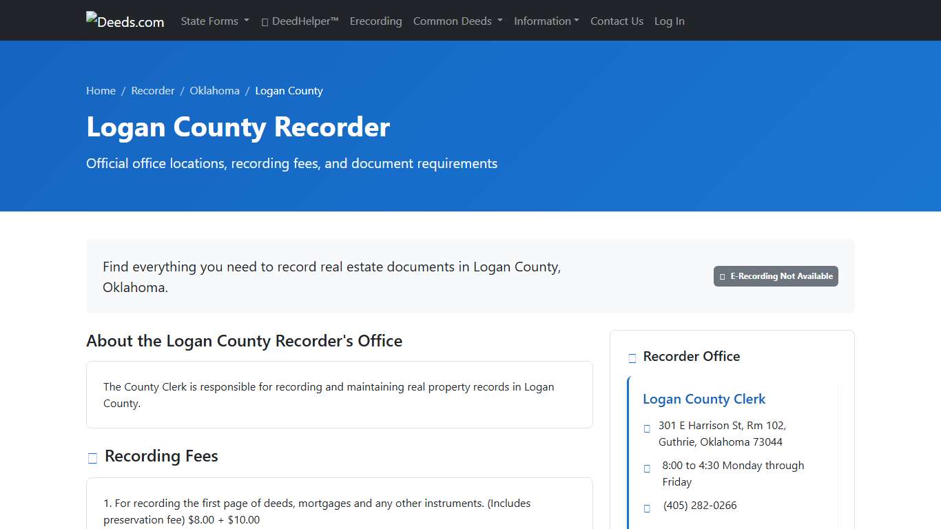 Logan County Recorder Information, Oklahoma - Deeds.com